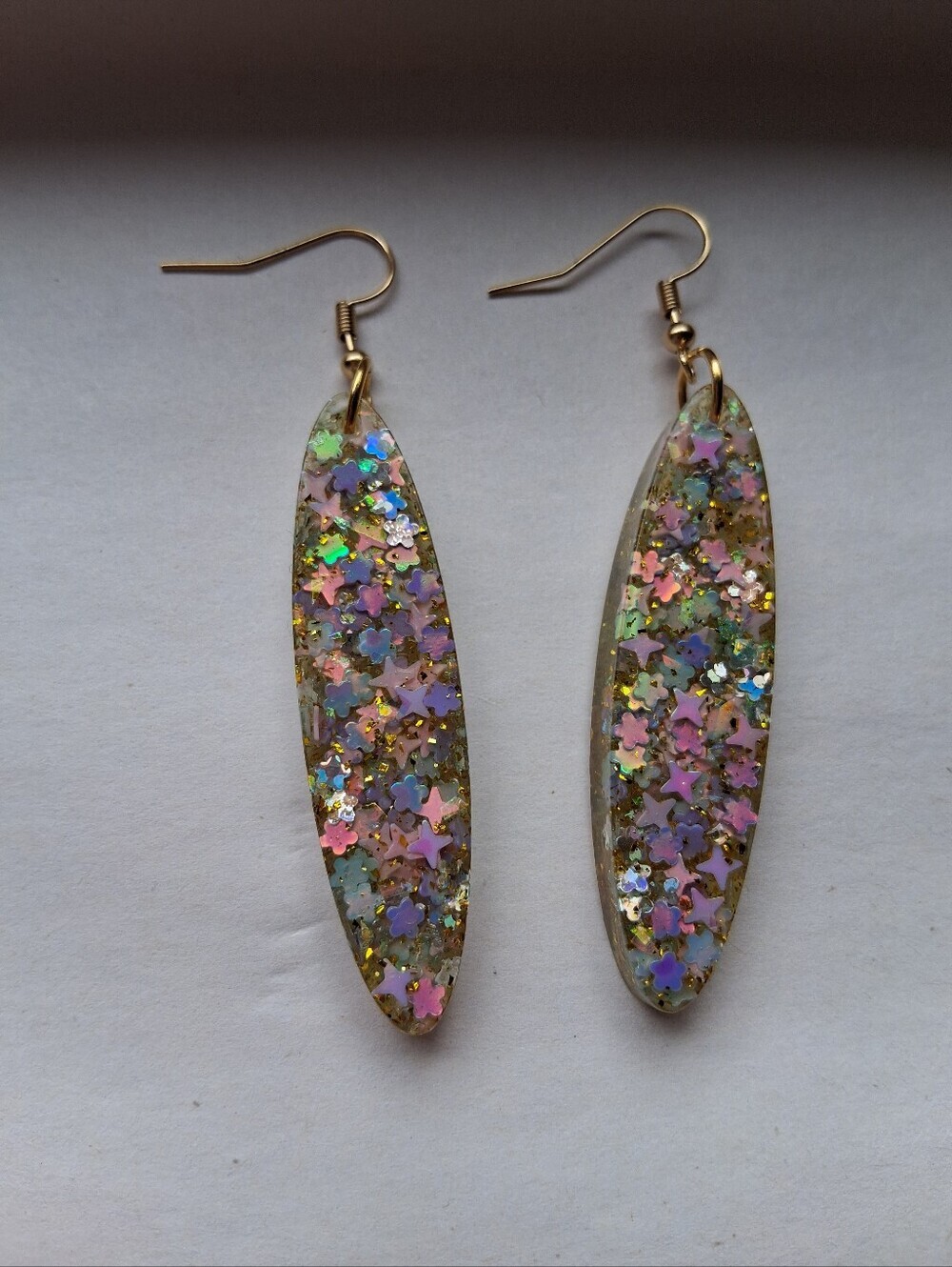 Hand Crafted Gold Resin Drop Earrings with Multicolor Floral Glitter